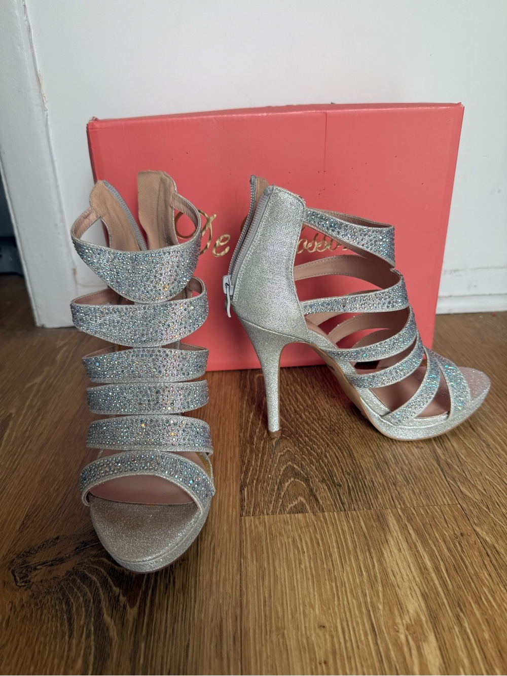 De Blossom Collection Silver Glitter Crystal Strappy High Heels